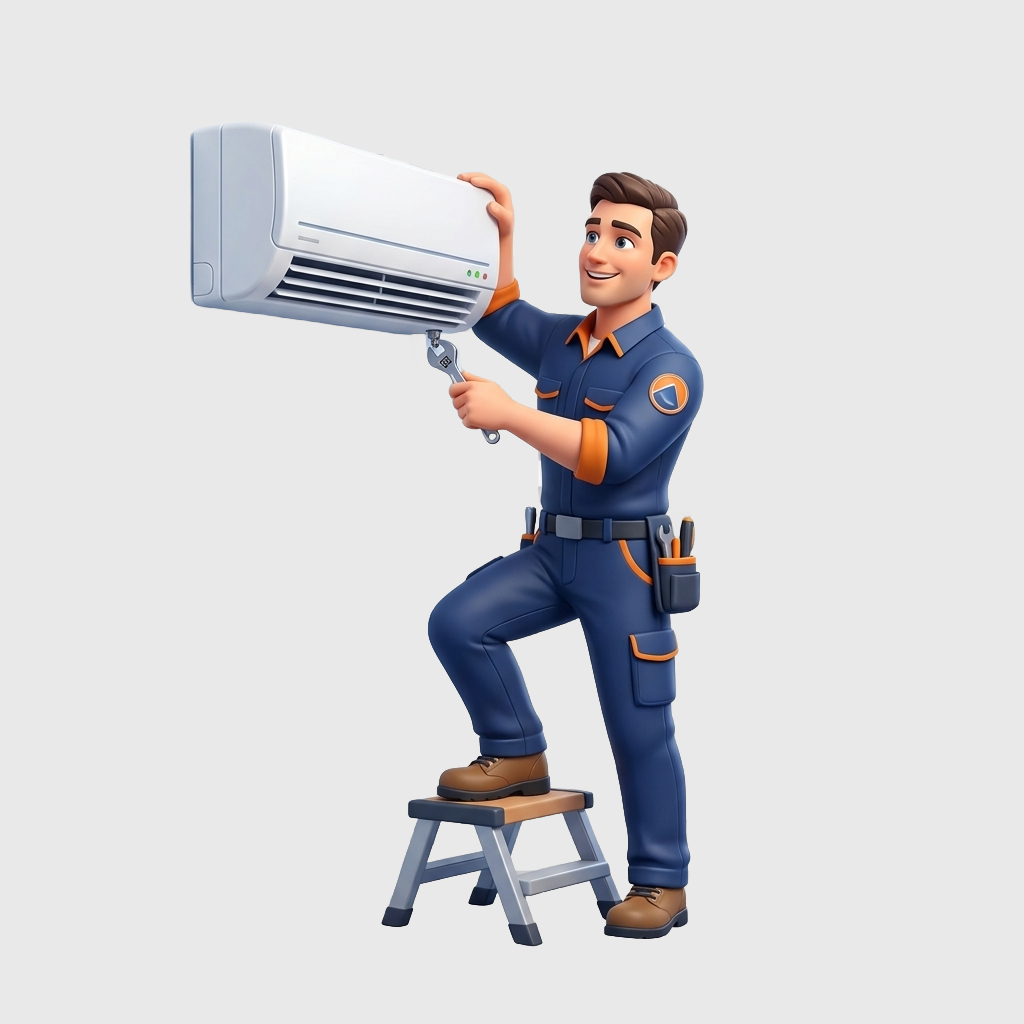 Técnico realizando instalação profissional de ar-condicionado.