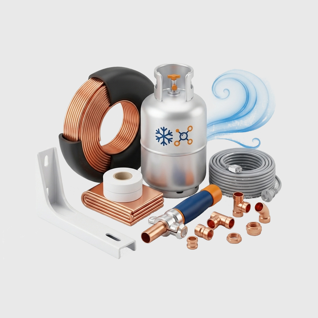 Kit de materiais para instalação de ar-condicionado com tubos de cobre, isolamento térmico, gás refrigerante e acessórios.