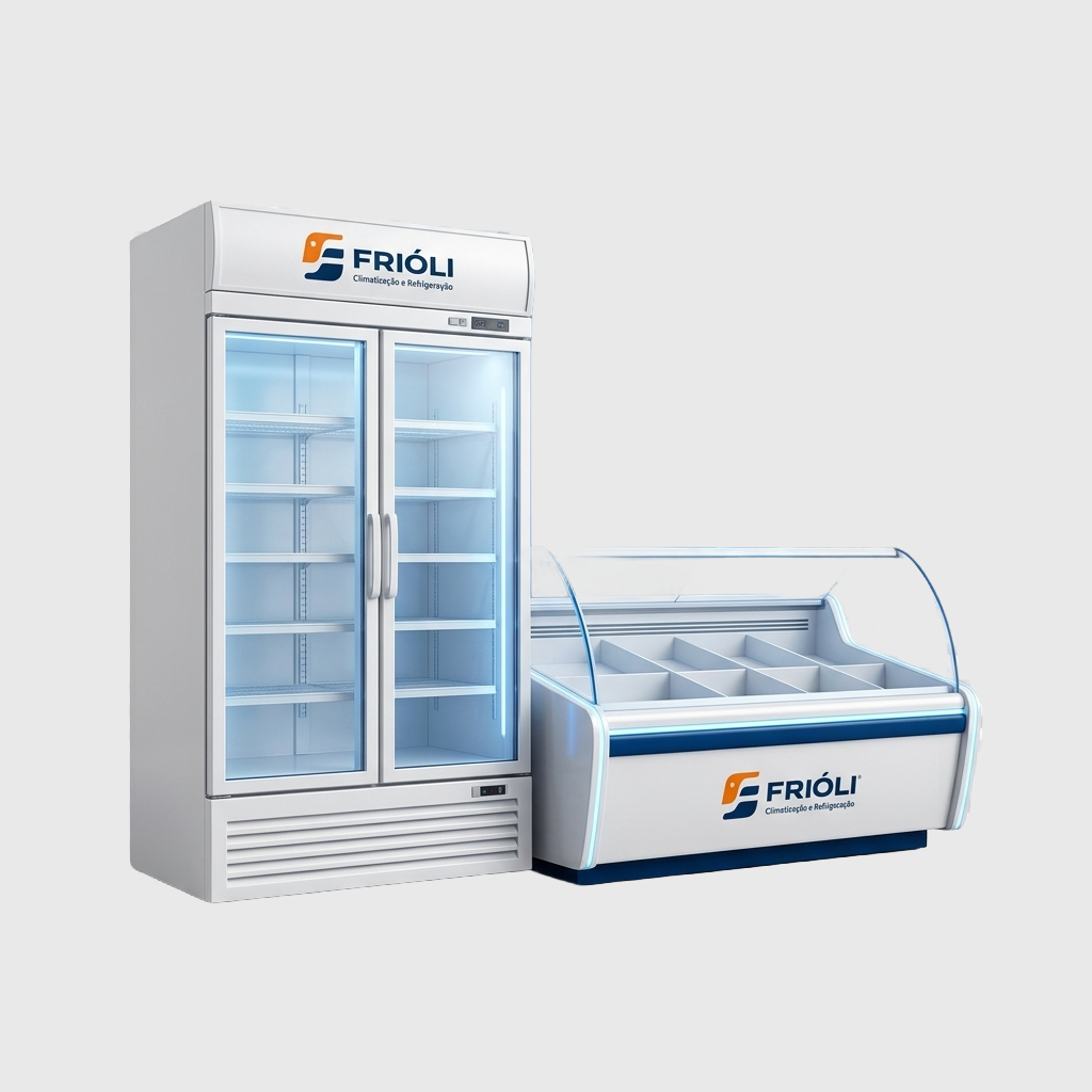 Ícone ilustrado de equipamentos de refrigeração comercial para supermercados e comércios.