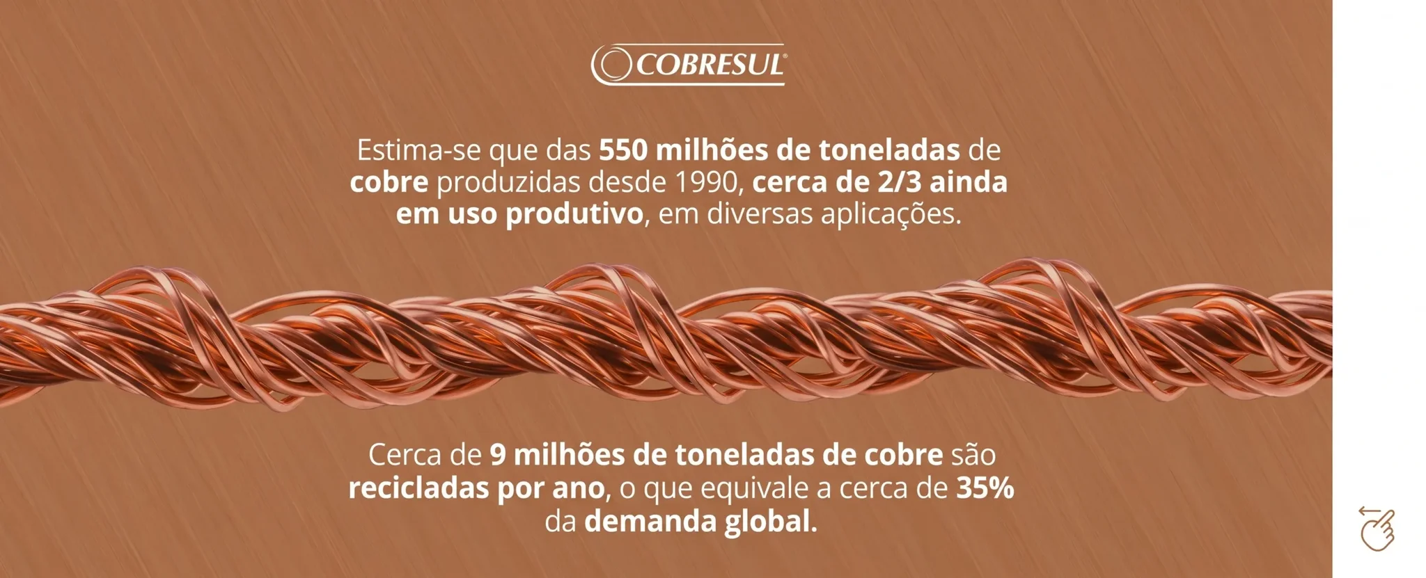 Braided copper wires on a metallic background with text about global copper production and recycling statistics.