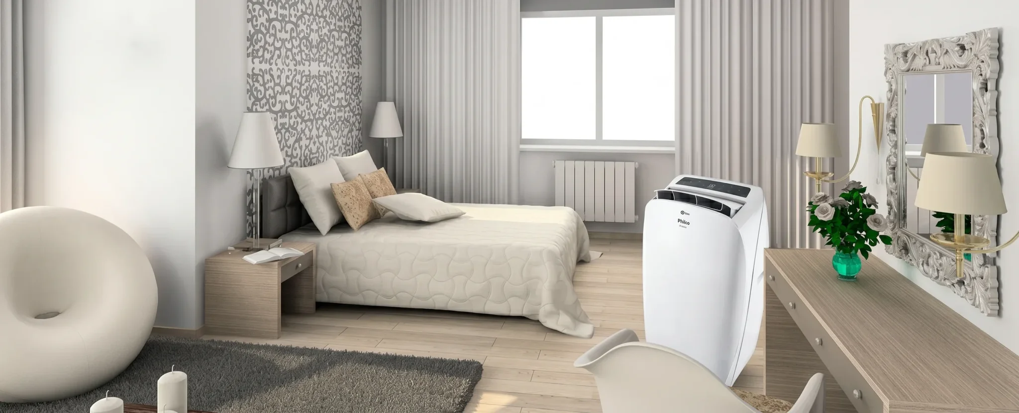 White Philco portable air conditioner standing in a modern neutral-toned bedroom near a desk and bed.