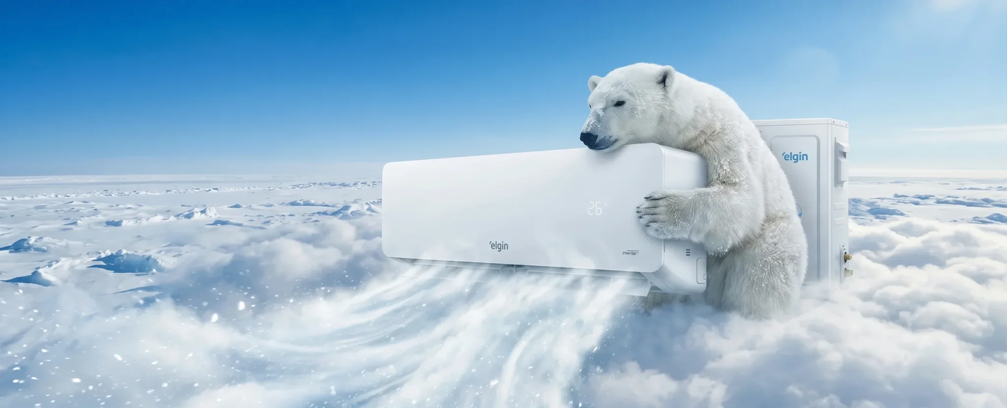 Polar bear hugging a white Elgin air conditioner in a snowy arctic landscape as it emits cool mist.