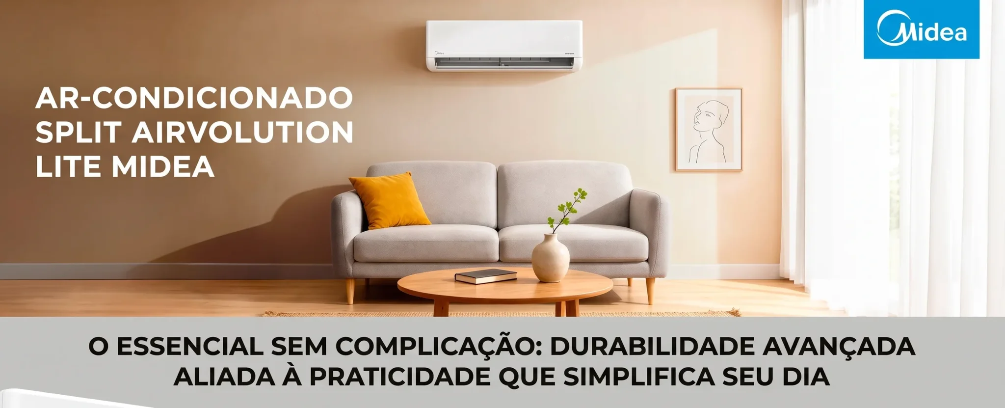 White Midea split air conditioner mounted on a wall above a grey sofa in a minimalist, sunlit living room.