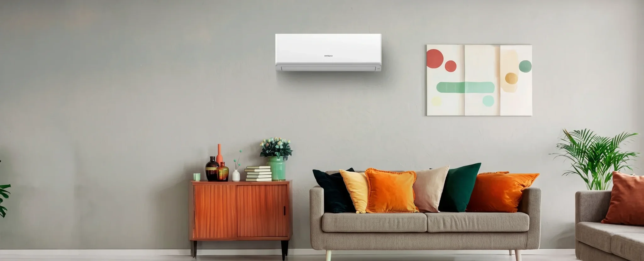 White Hitachi wall-mounted air conditioner installed above a grey sofa with colorful pillows in a modern living room.