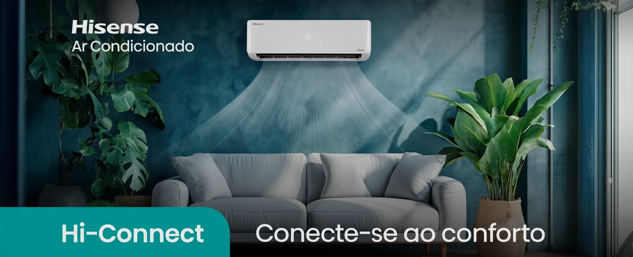 Hisense wall-mounted air conditioner blowing cool air over a grey sofa in a modern living room with teal walls.