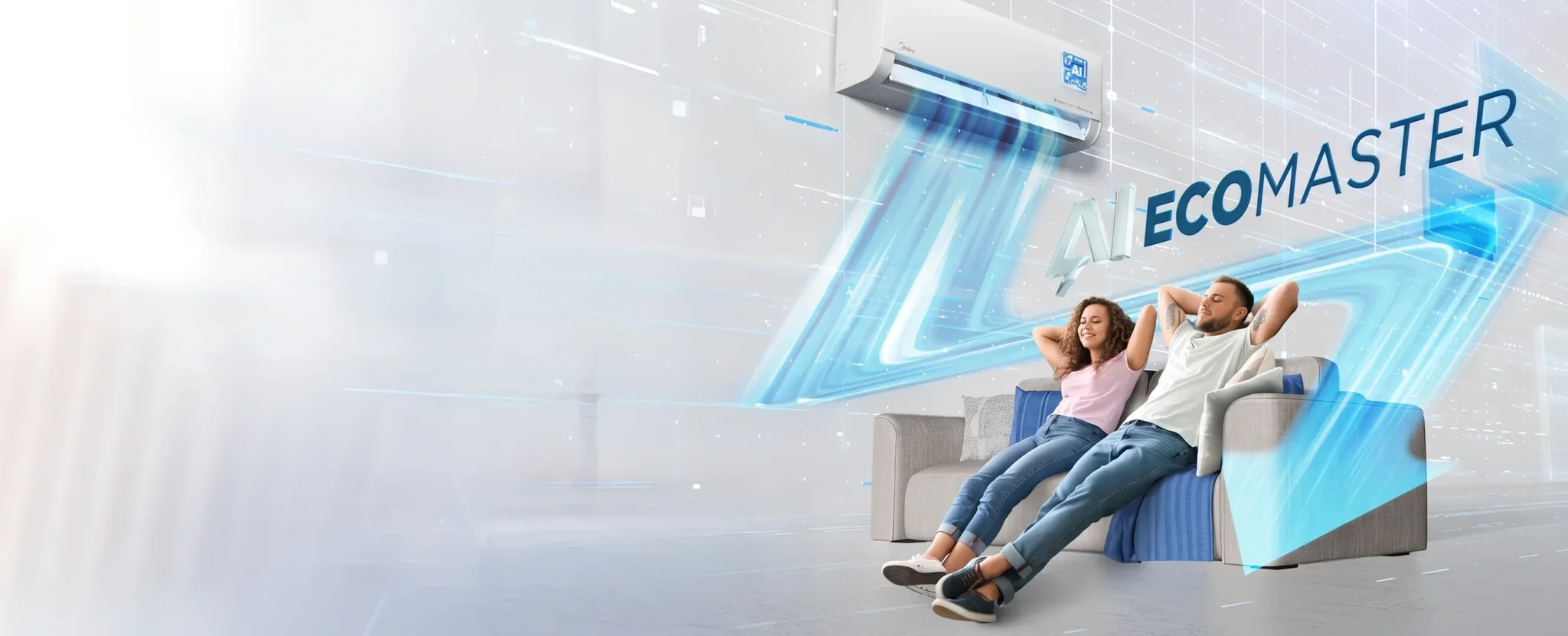 Couple relaxing on a sofa as cool air flows from an AI EcoMaster air conditioner in a bright modern room.