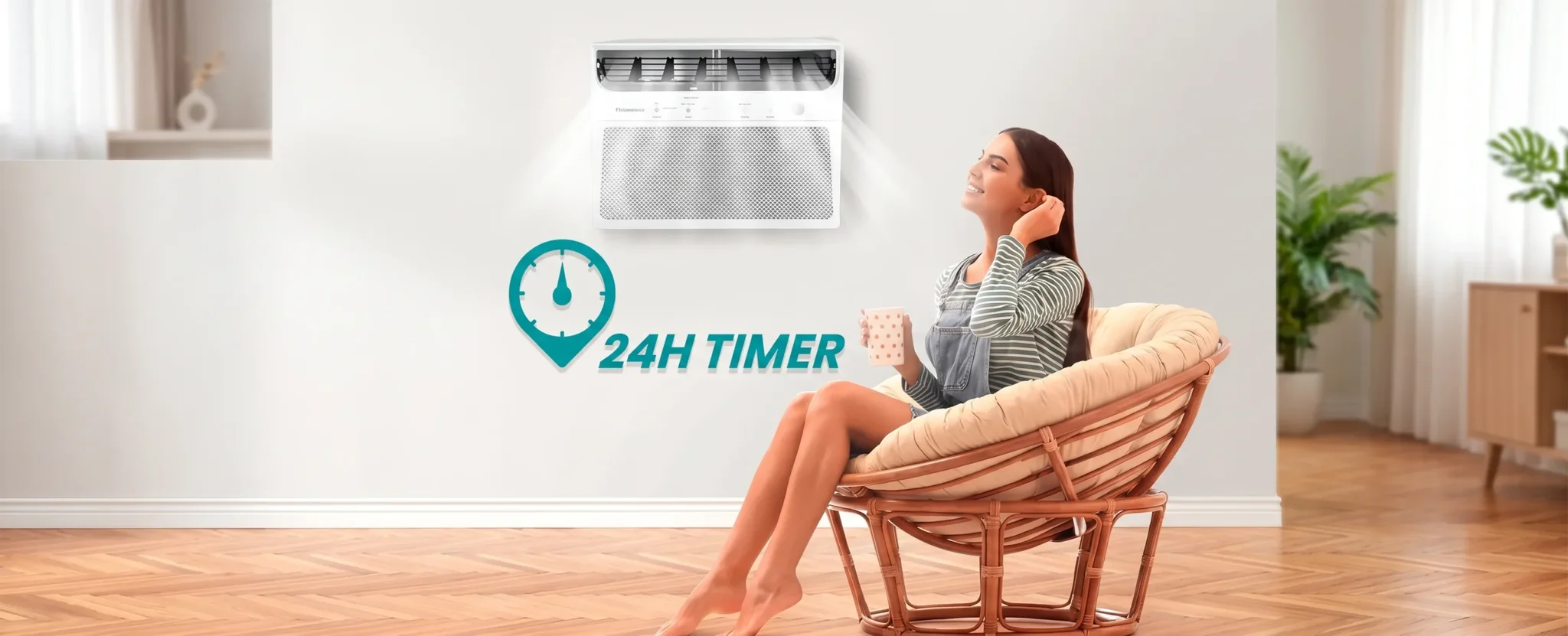 Woman relaxing in a papasan chair under a wall-mounted air conditioner featuring a 24-hour timer function.