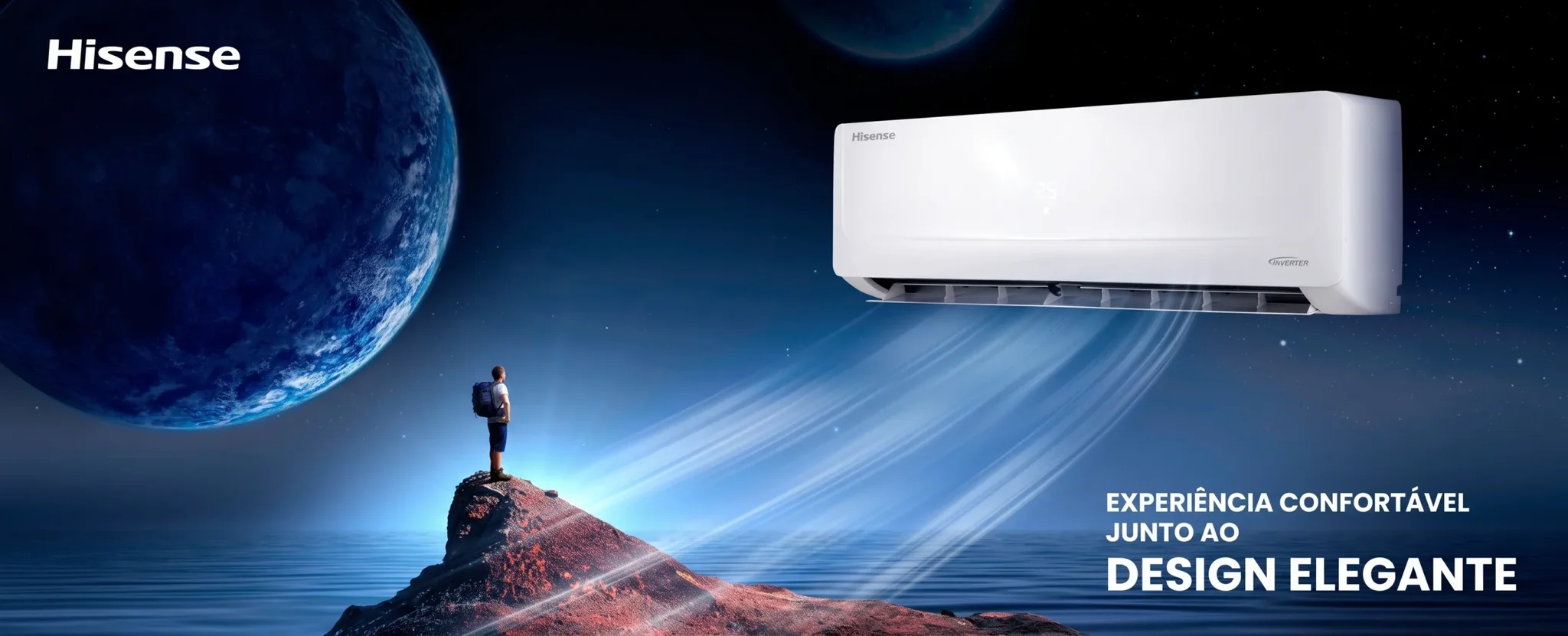 Hisense air conditioner in space blowing air on a person standing on a rocky peak under a large blue planet.