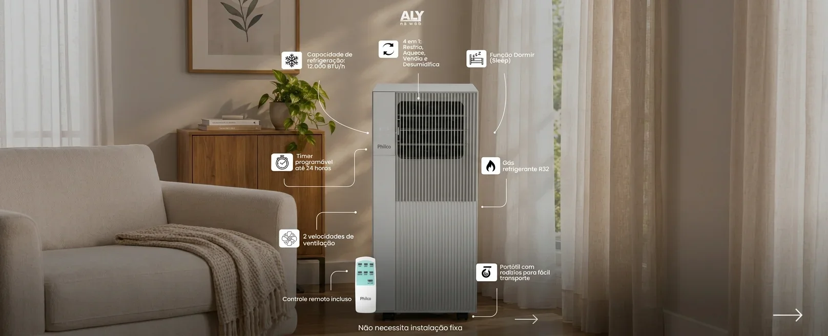 Philco portable air conditioner in a modern living room highlighting its 12,000 BTU 4-in-1 cooling features.