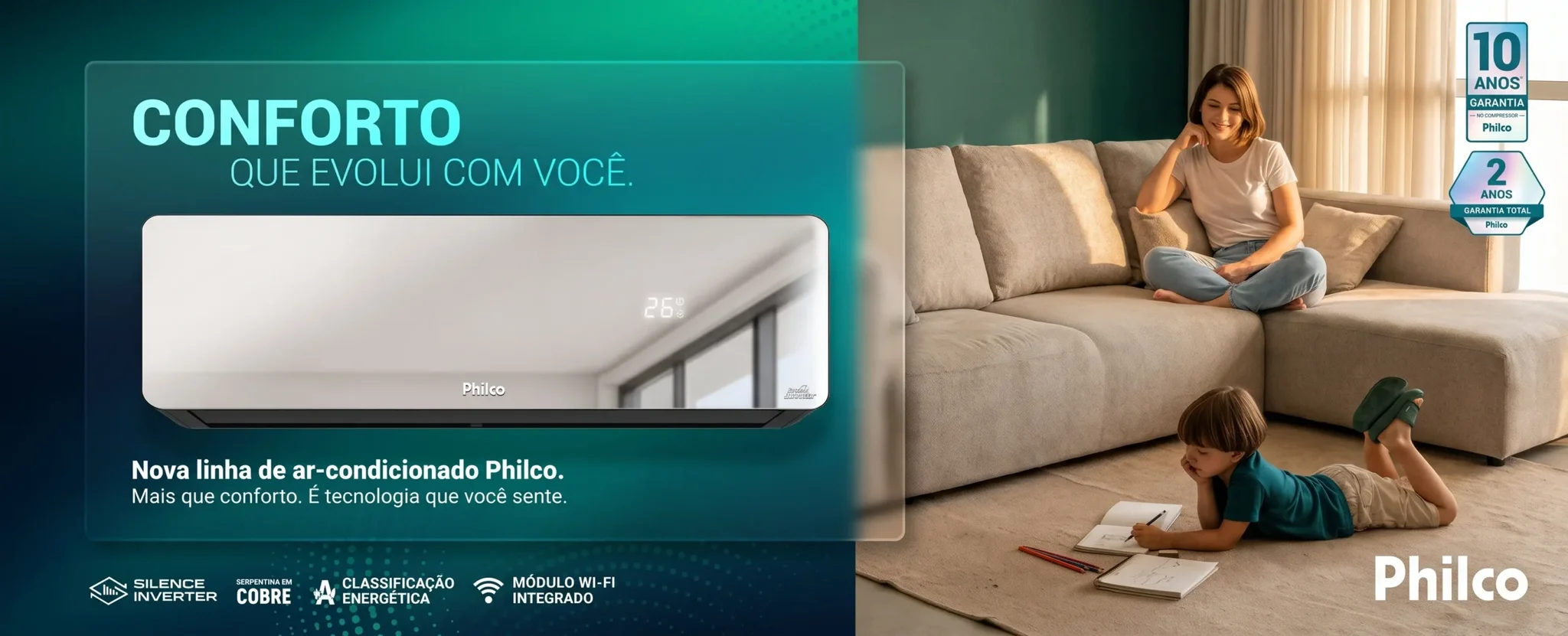 Philco split air conditioner unit displayed next to a woman and child relaxing in a modern living room.