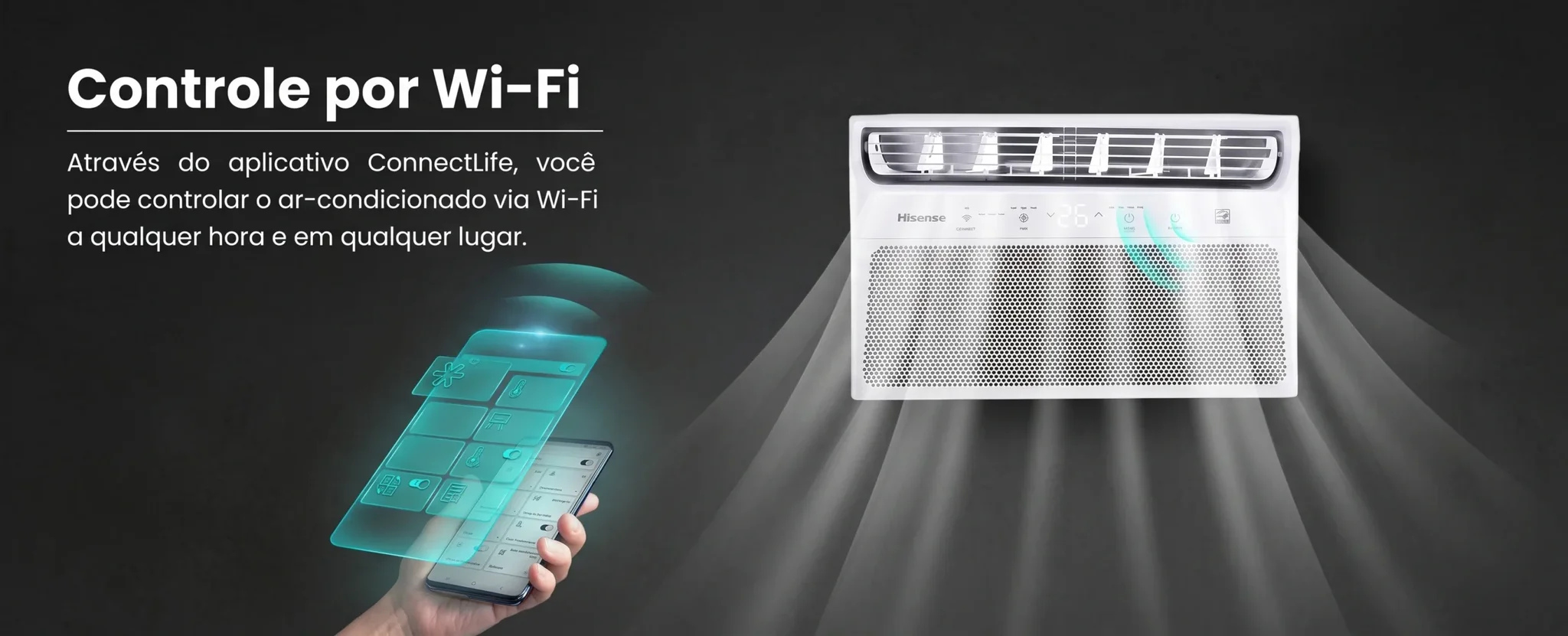 Hand holding a smartphone with an app interface next to a Hisense window AC unit blowing air.