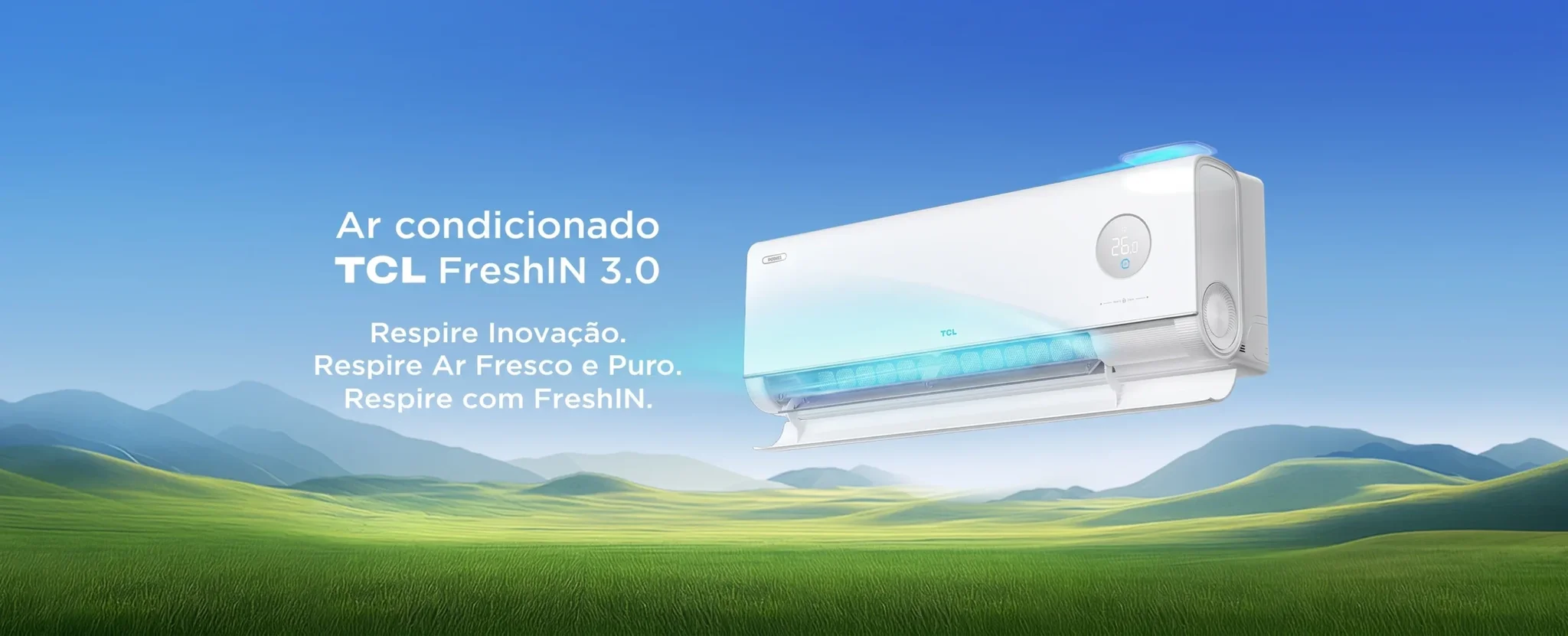 TCL FreshIN 3.0 air conditioner unit floating against a scenic green mountain landscape and clear blue sky.